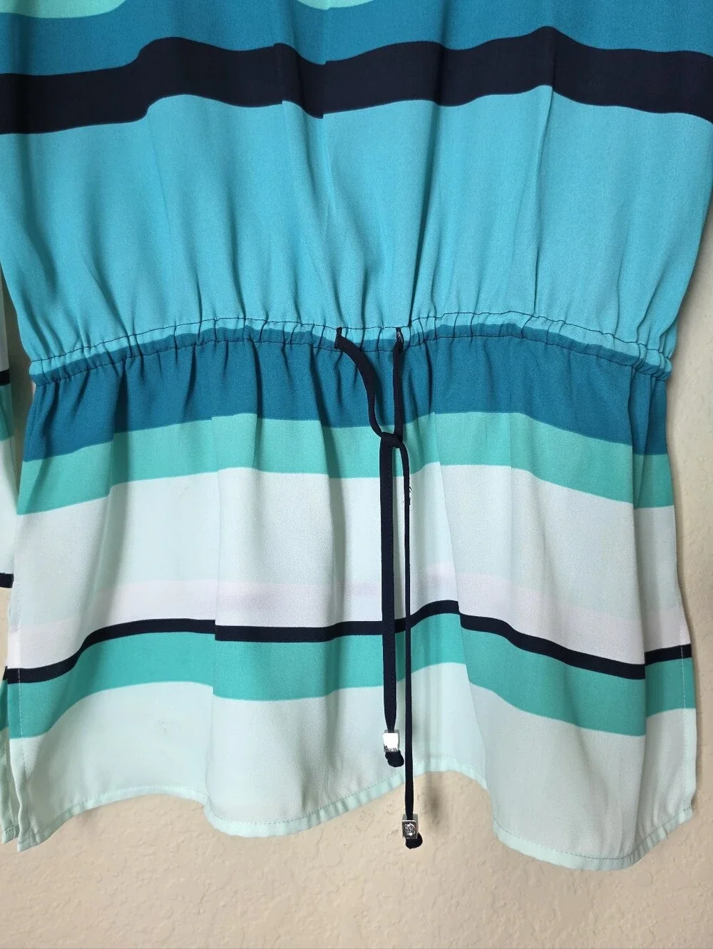 Michael Kors Tunic Top Women Small White Green Stripe Cinch Waist Summer Coastal